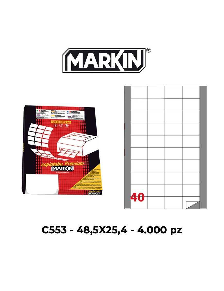 ETICHETTE ADESIVE MARKIN C553 48,5X25,4 MM FORM A4 FOGLIO 100